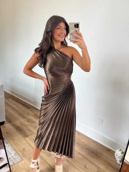 Metallic Pleated Midi Dress