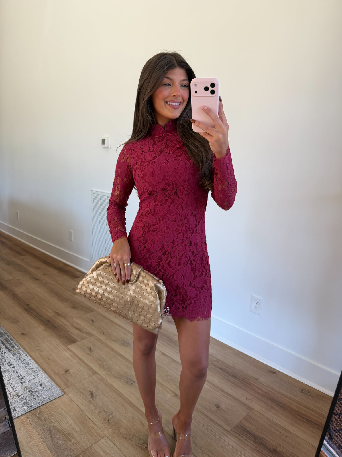 Floral Lace Mock Neck Mini Dress (Burgundy)
