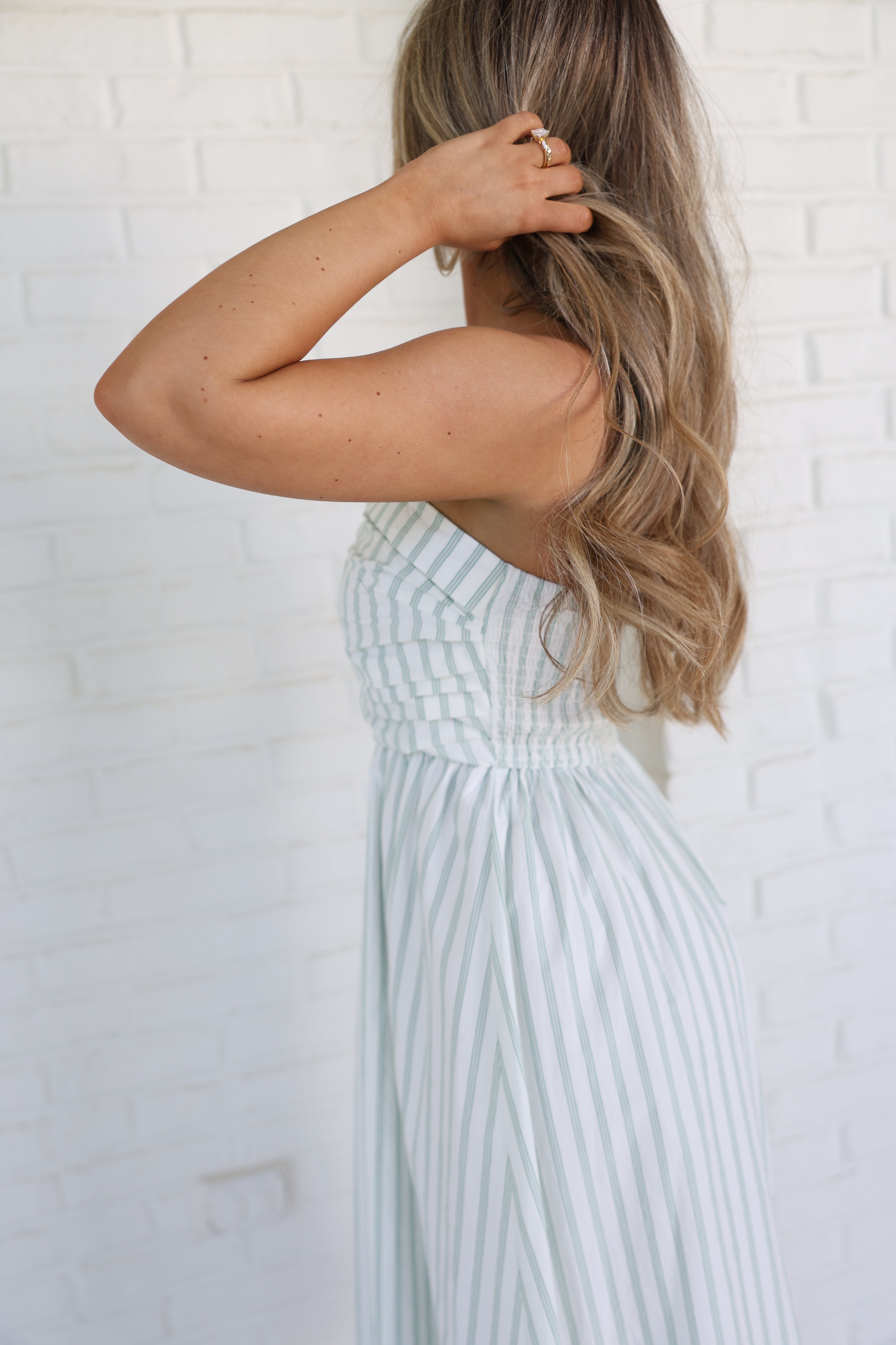 The Nantucket Strapless Dress (Green Stripes)