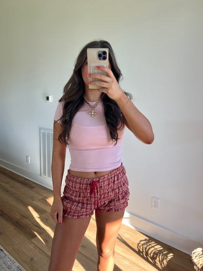 Red Plaid Scrunch Shorts