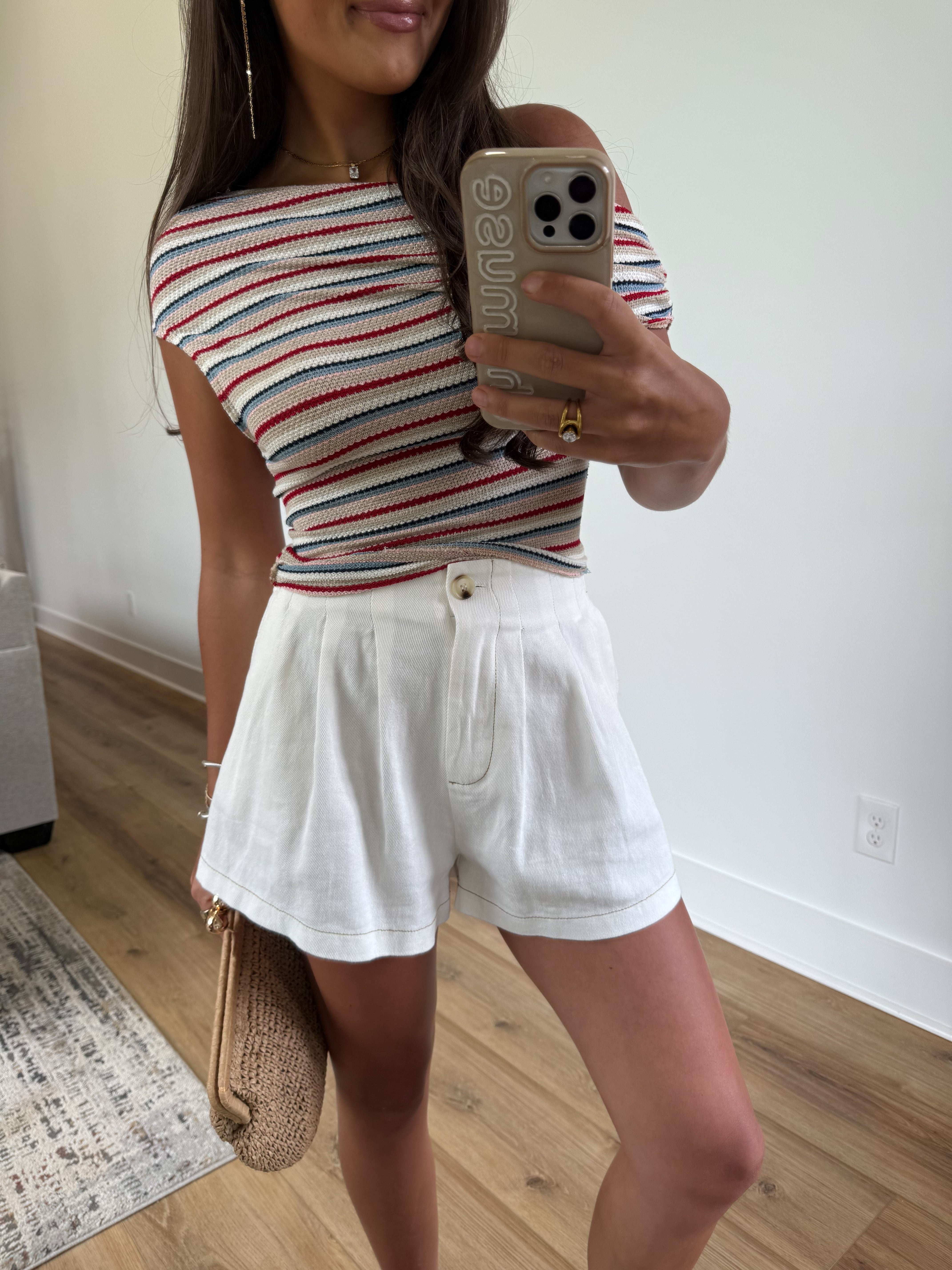 White Pleated Denim Shorts