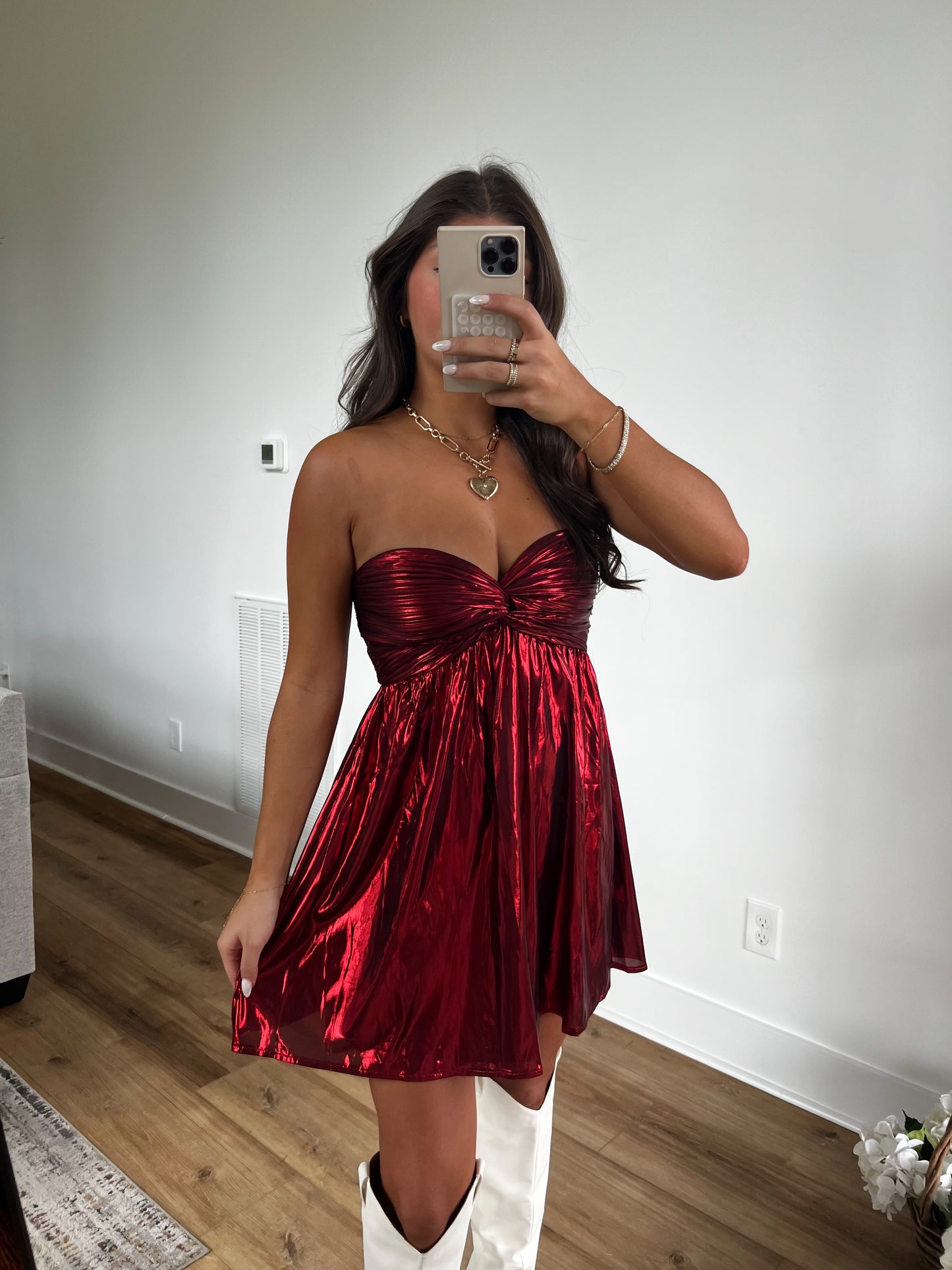 Red Metallic Strapless Holiday Dress