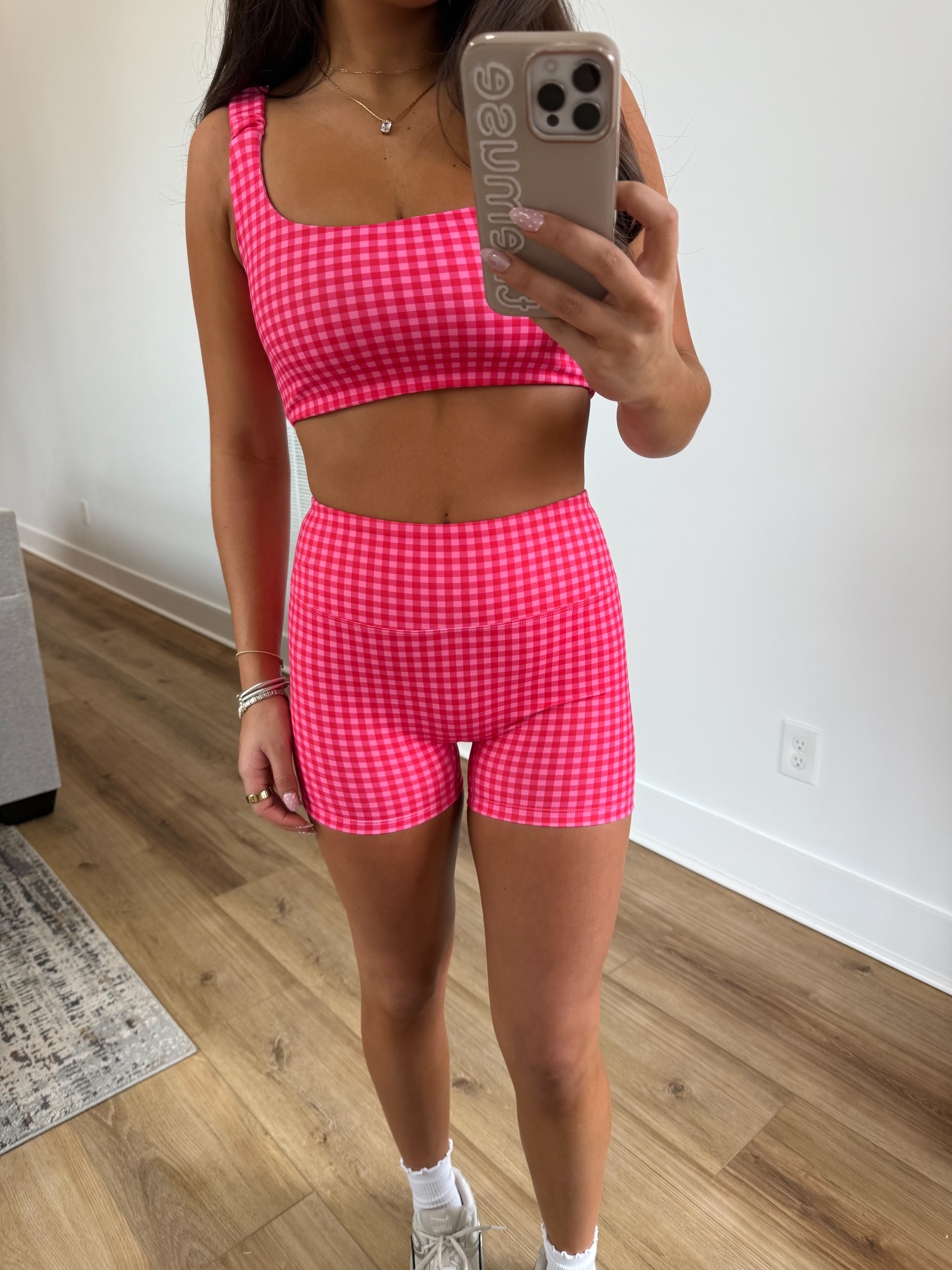 Gingham Biker Biker Shorts SET (Hot Pink)