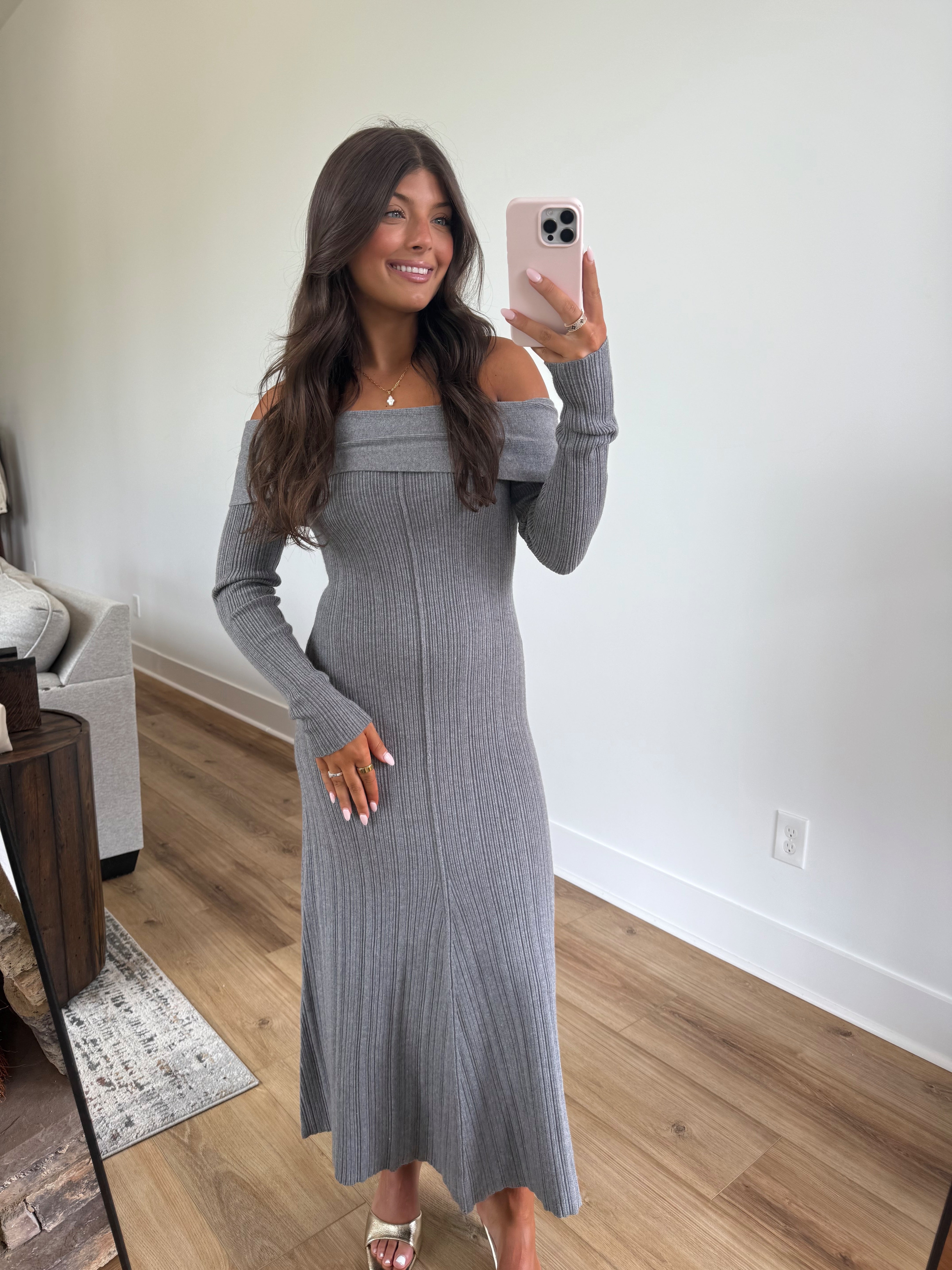 Grey Off-The-Shoulder Ribbed Maxi Dress