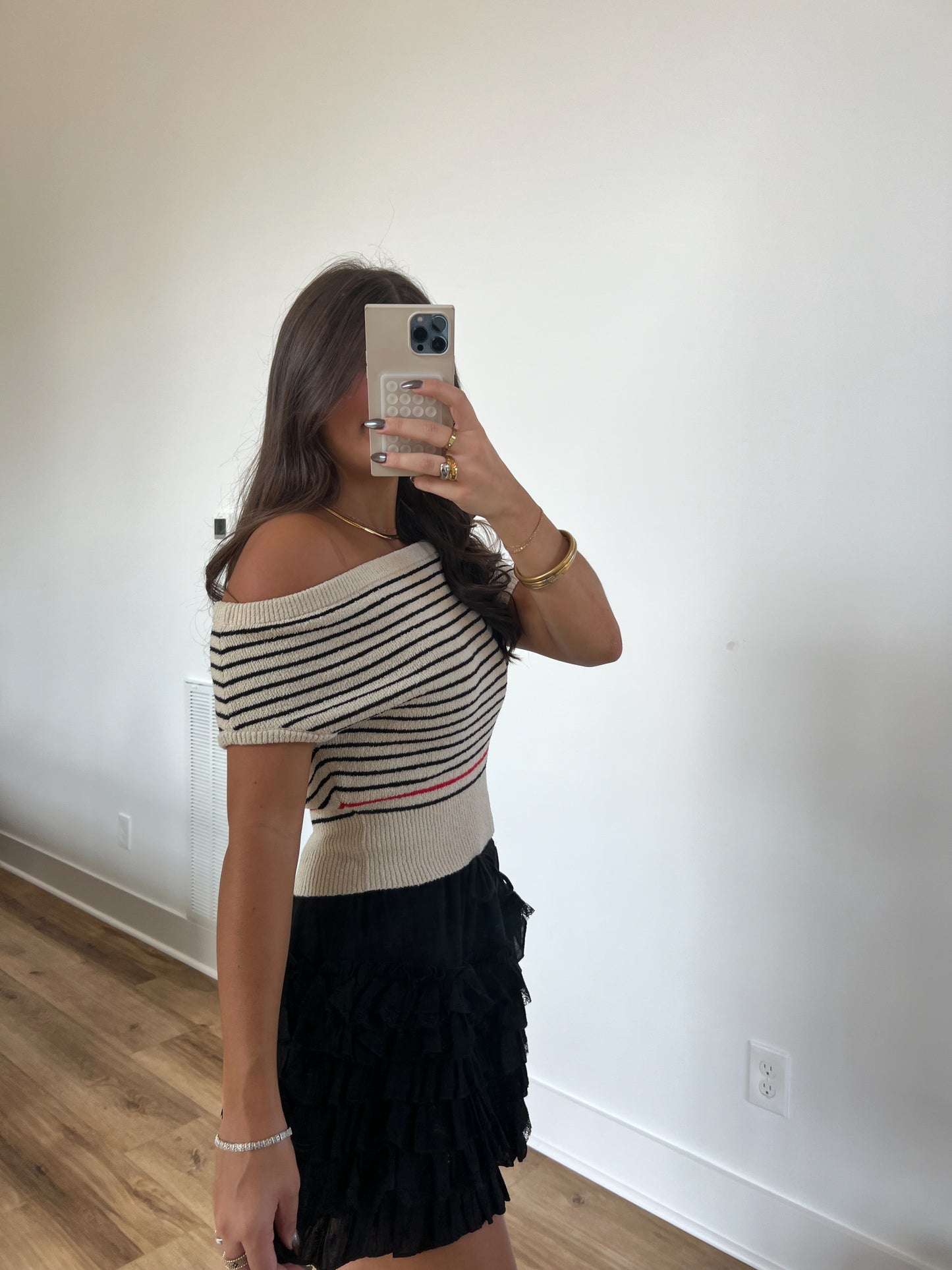 Cream Off The Shoulder Top (Black/Red Stripe)