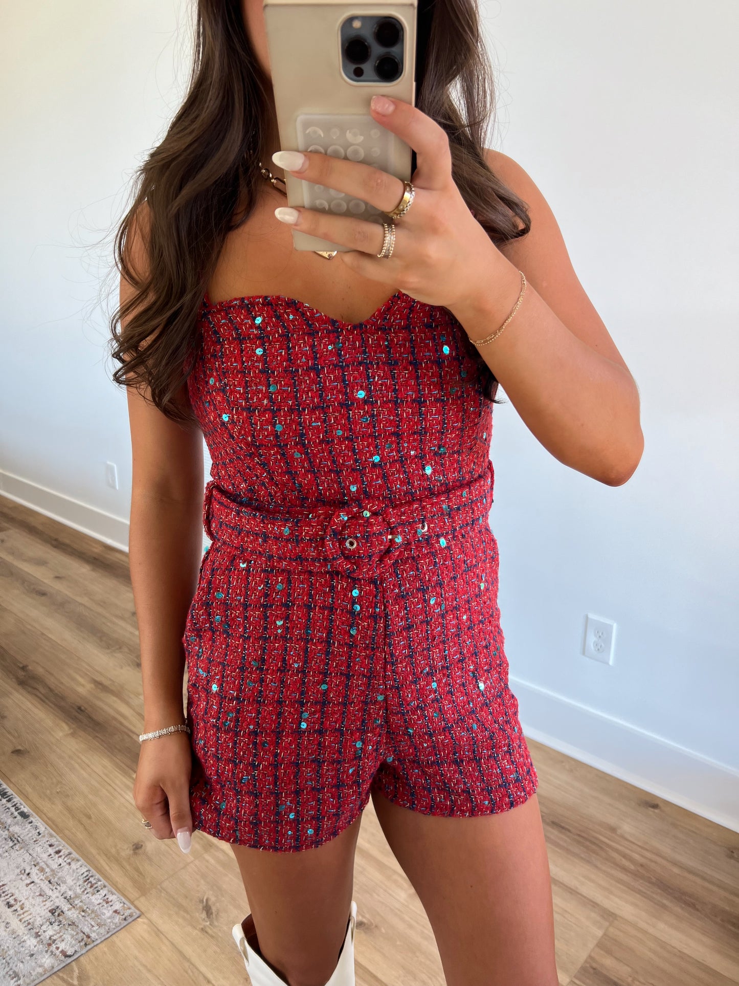 Red Sequin Plaid Romper