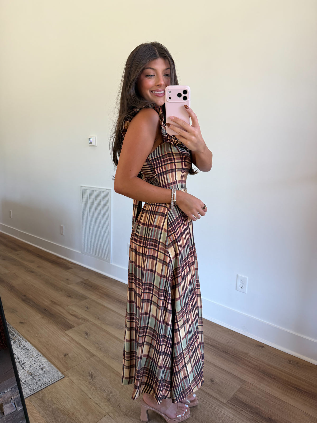 Fall Plaid Ruffle Strap Midi Dress