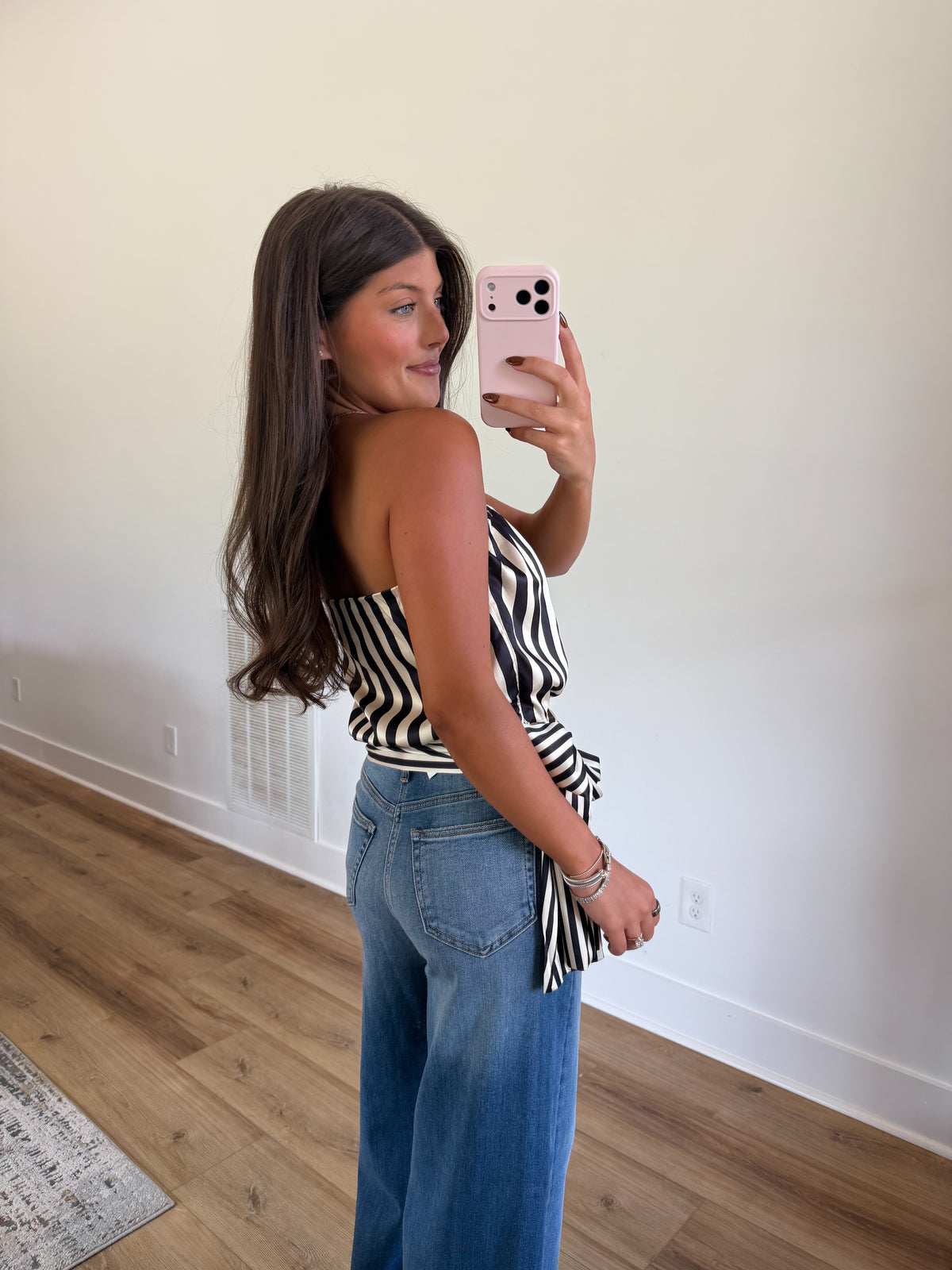 Satin Stripe Side Tie Top (Black)
