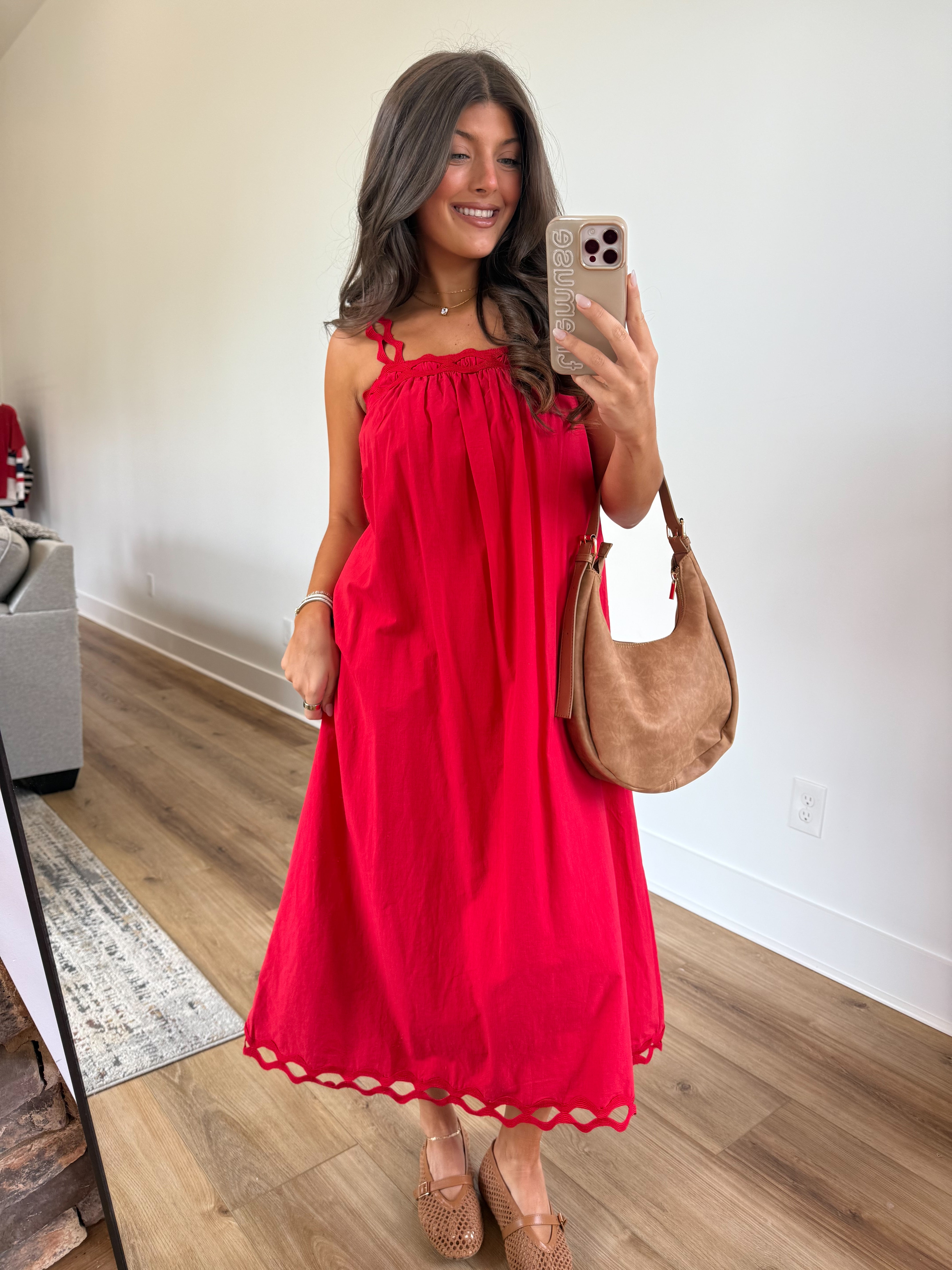 Red Scallop Midi Dress