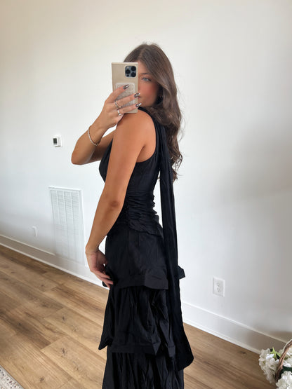 Black One Shoulder Tiered Maxi Dress