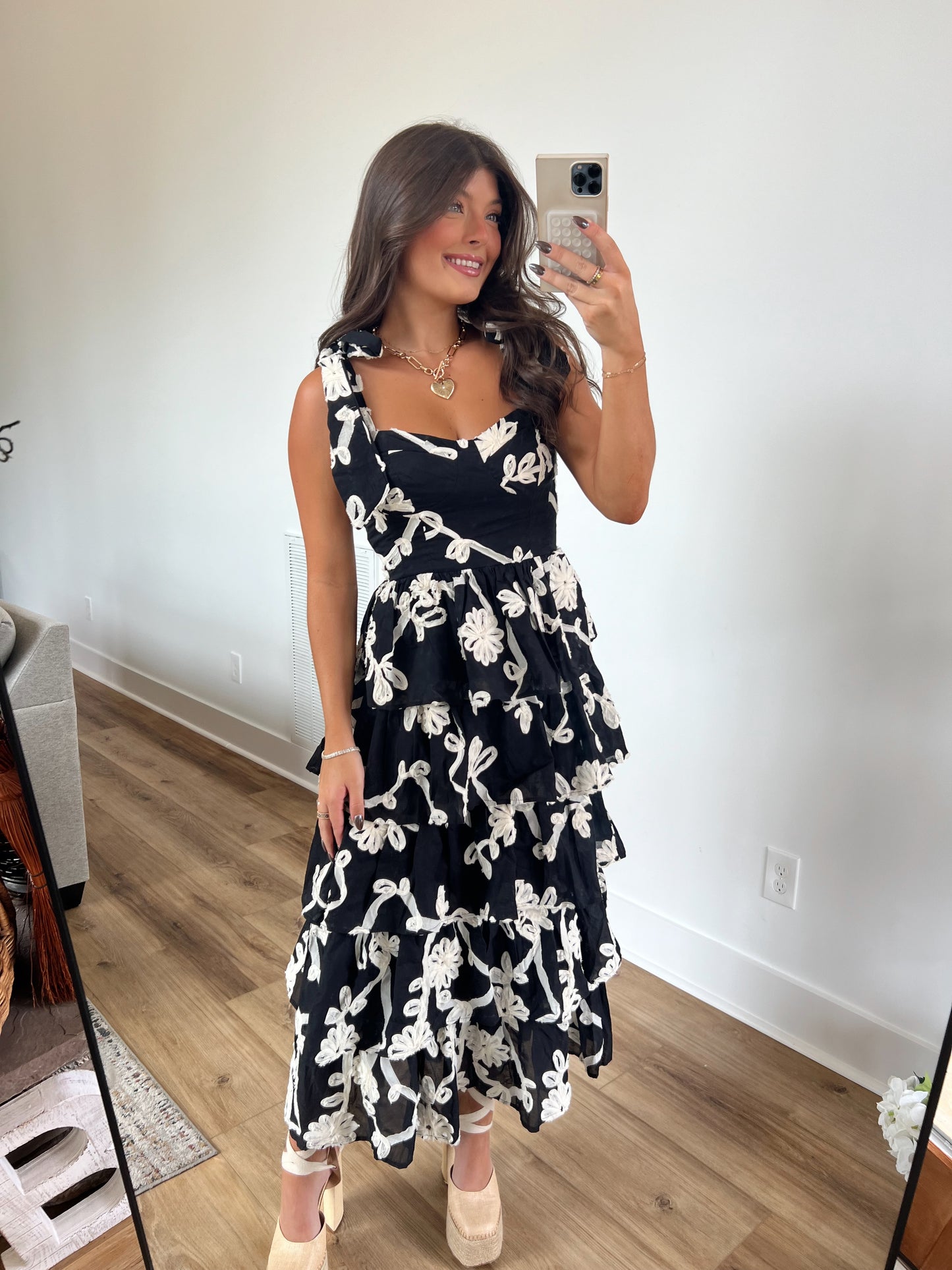 Floral Embroidered Tiered Midi Dress