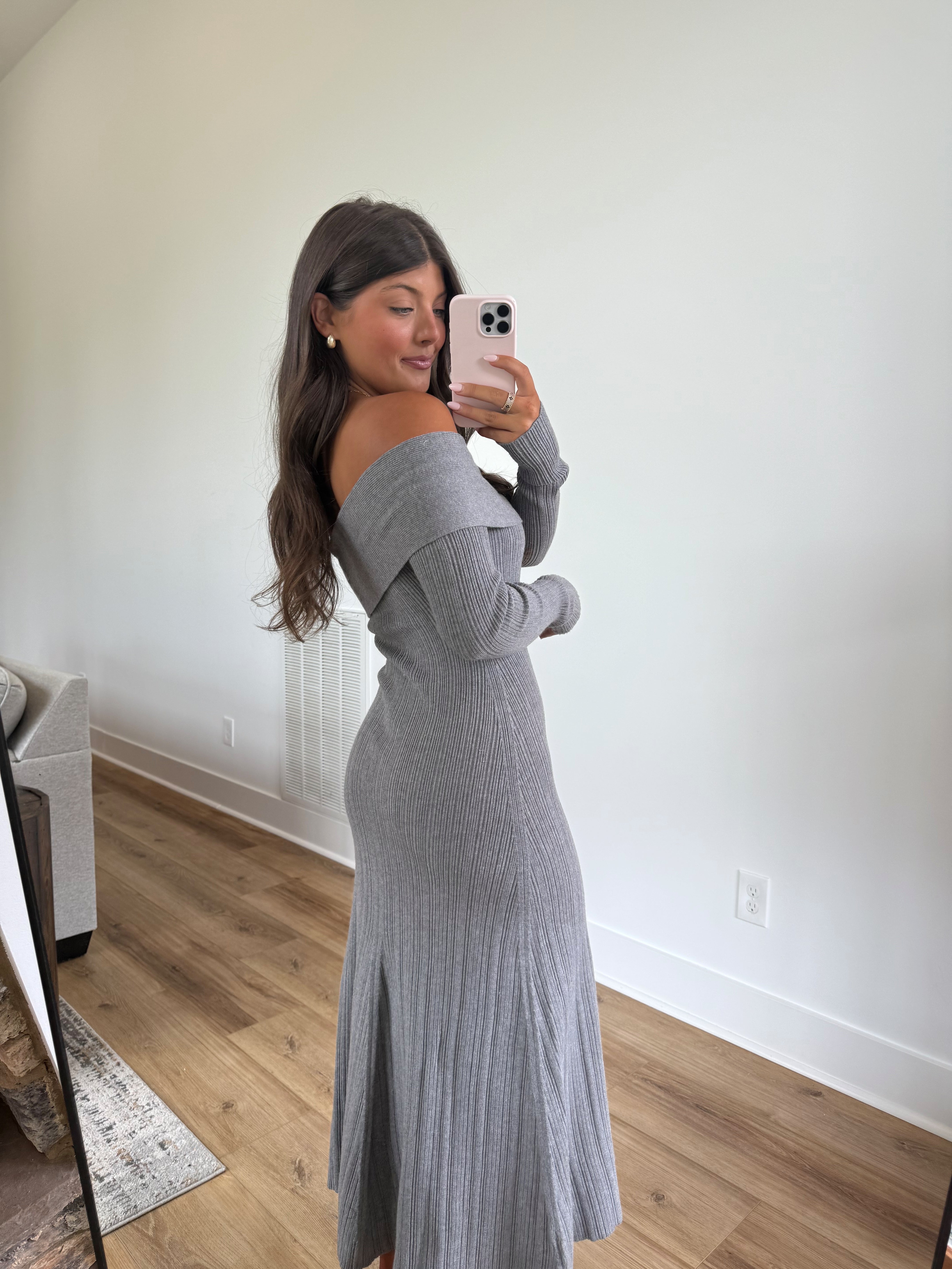 Grey Off-The-Shoulder Ribbed Maxi Dress
