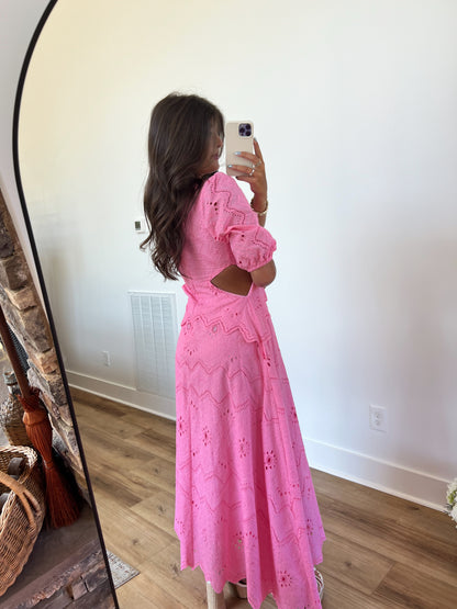 Pink Eyelet Puff Sleeve Maxi Dress