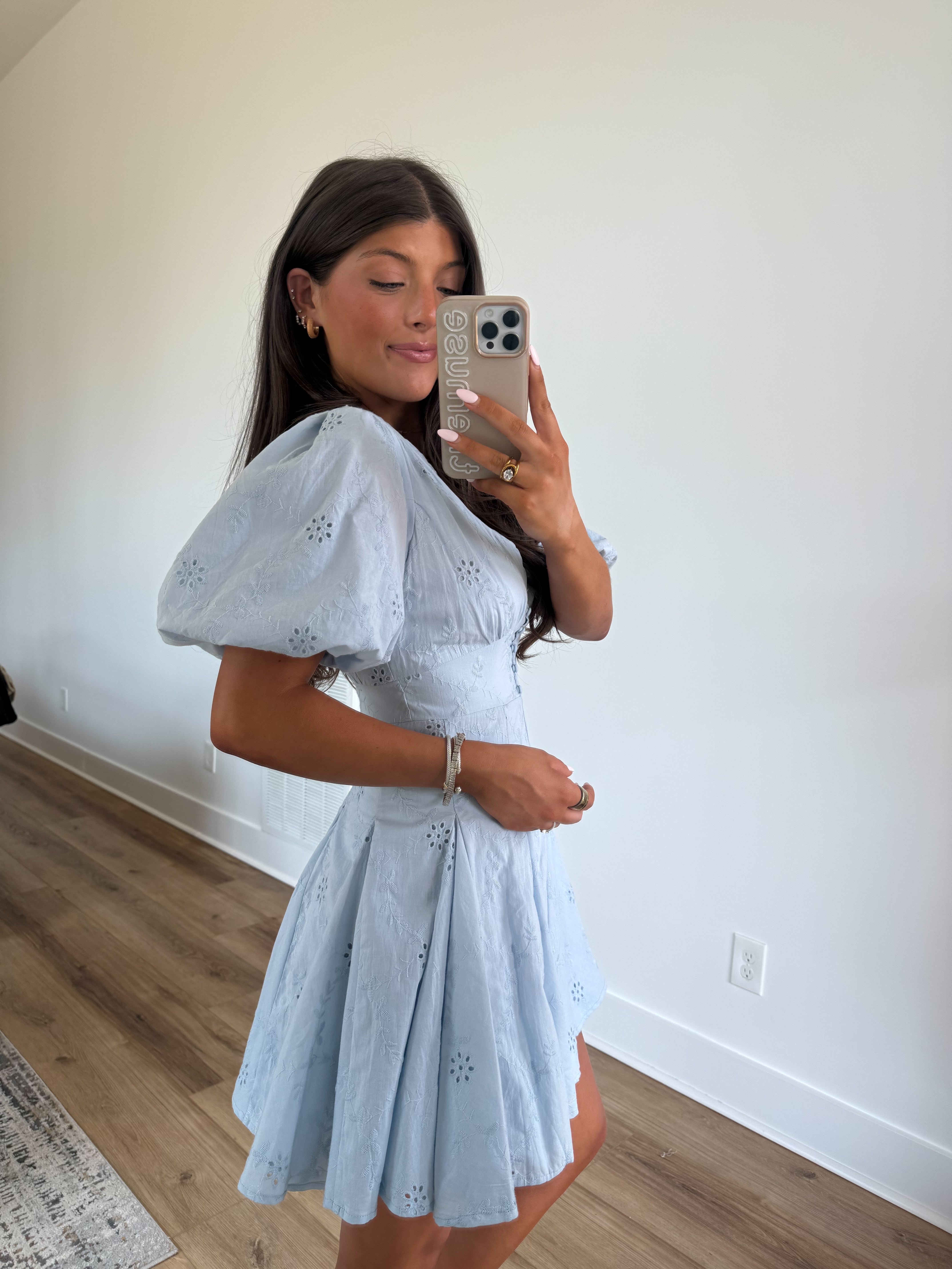 Kyndall Eyelet Mini Dress (Blue)