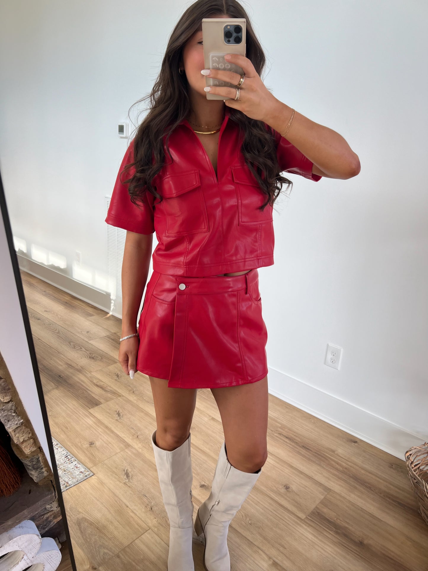 Red Leather Asymmetrical Skort Set