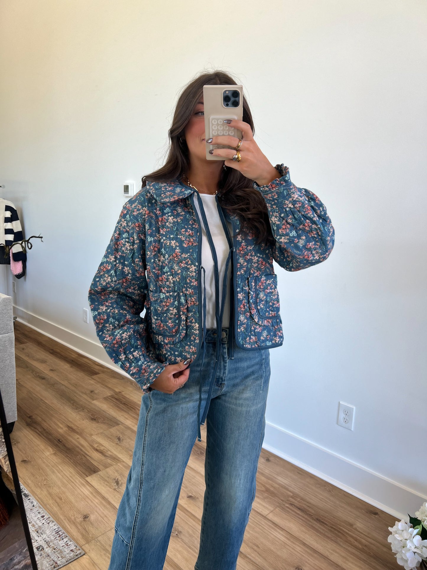 Floral Front Collar Heart Quilted Jacket