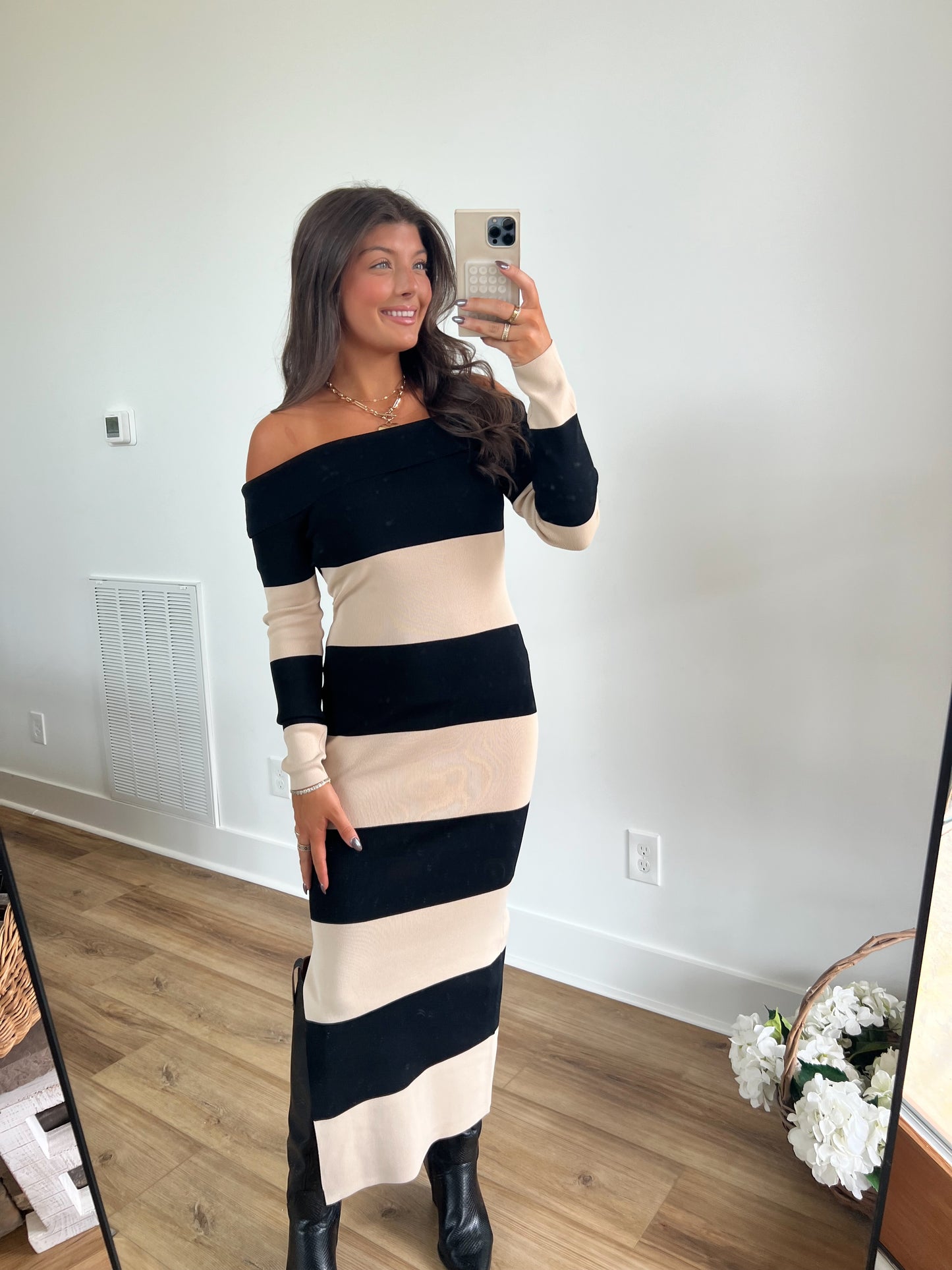 Cream/Black Stripe Midi Dress