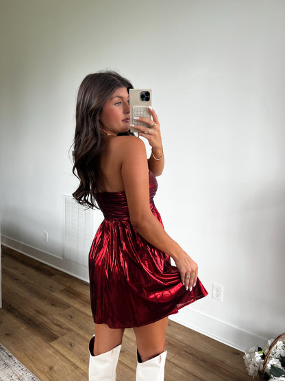 Red Metallic Strapless Holiday Dress