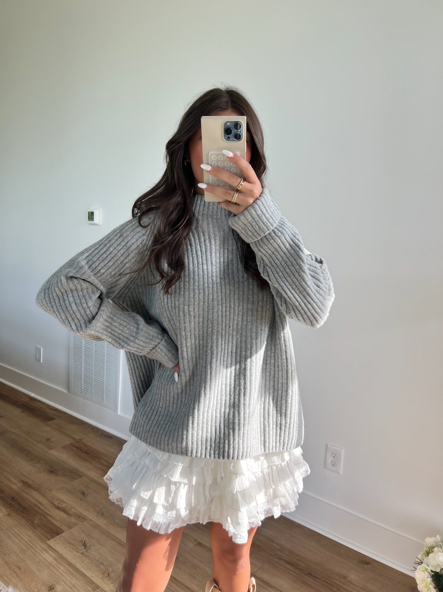 Grey Ribbed Mock Neck Sweater