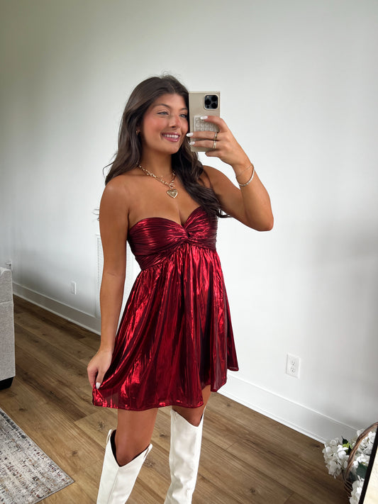 Red Metallic Strapless Holiday Dress