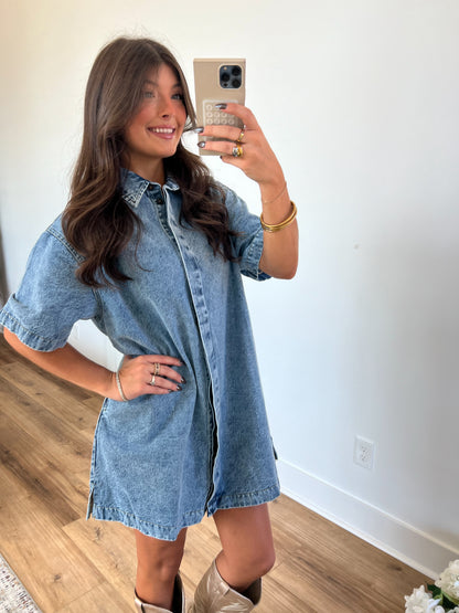 Hidden Button Down Denim T-Shirt Dress