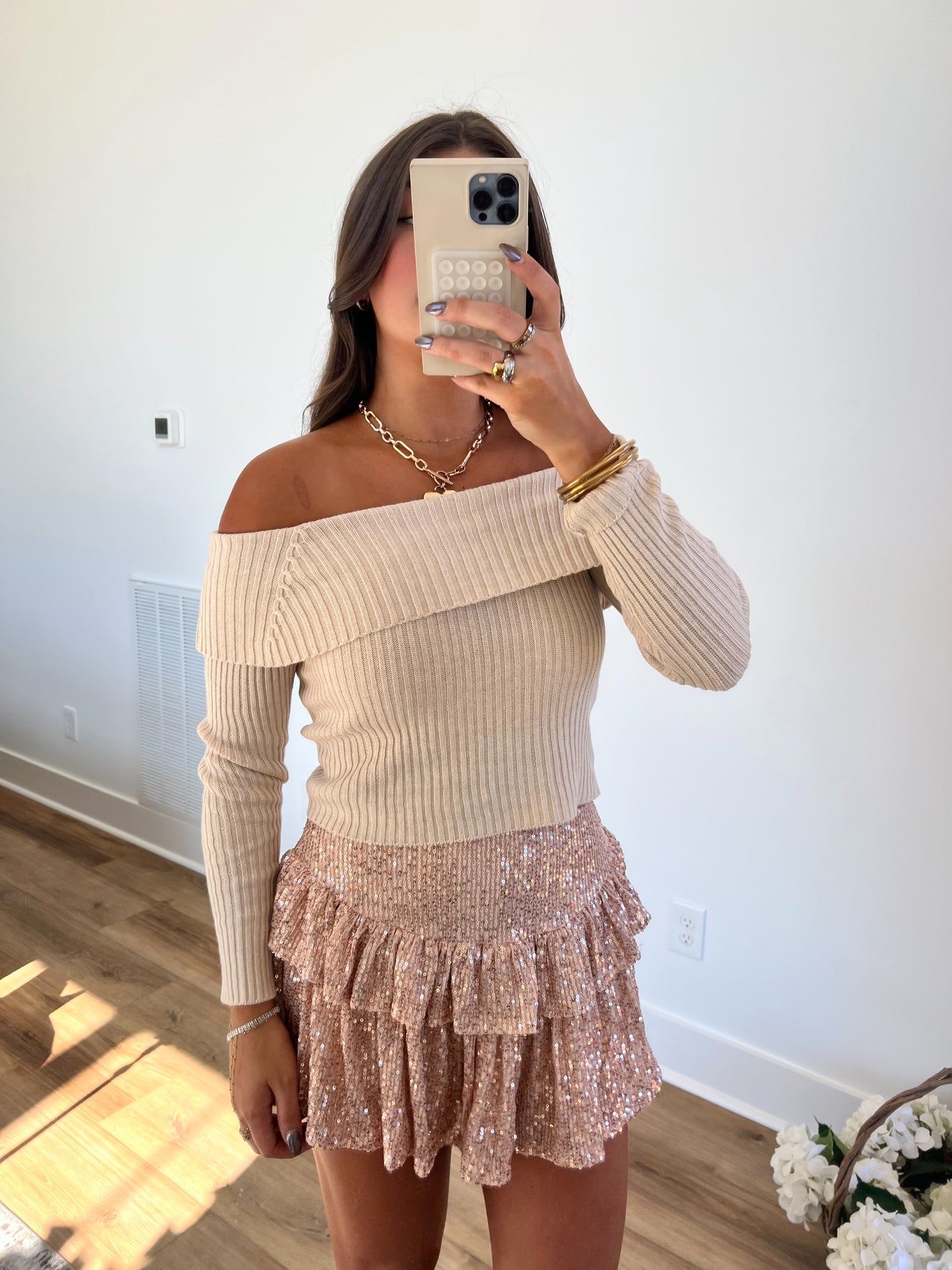 (Tan) Off The Shoulder Ribbed Bow Top