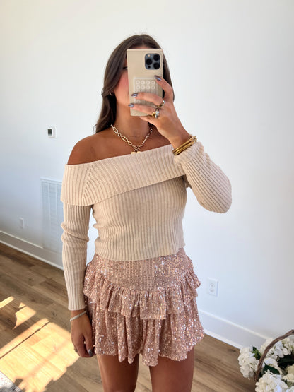 (Tan) Off The Shoulder Ribbed Bow Top