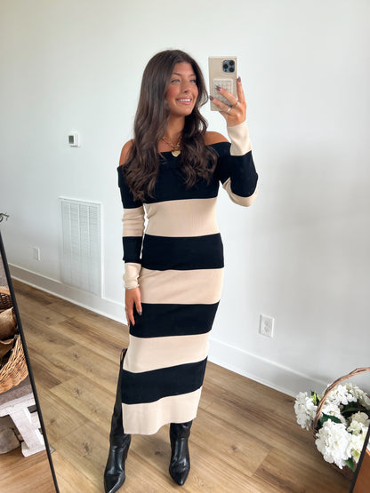 Cream/Black Stripe Midi Dress