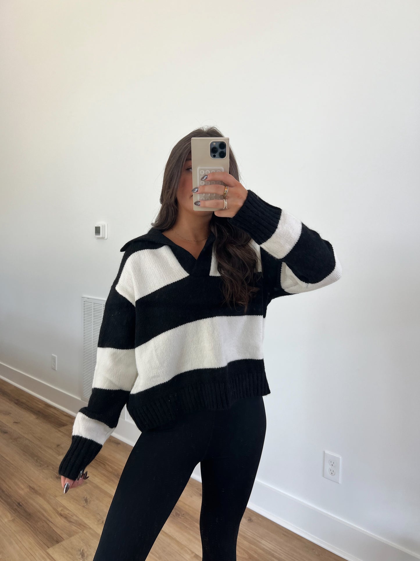 Black/White Stripe Polo Sweater