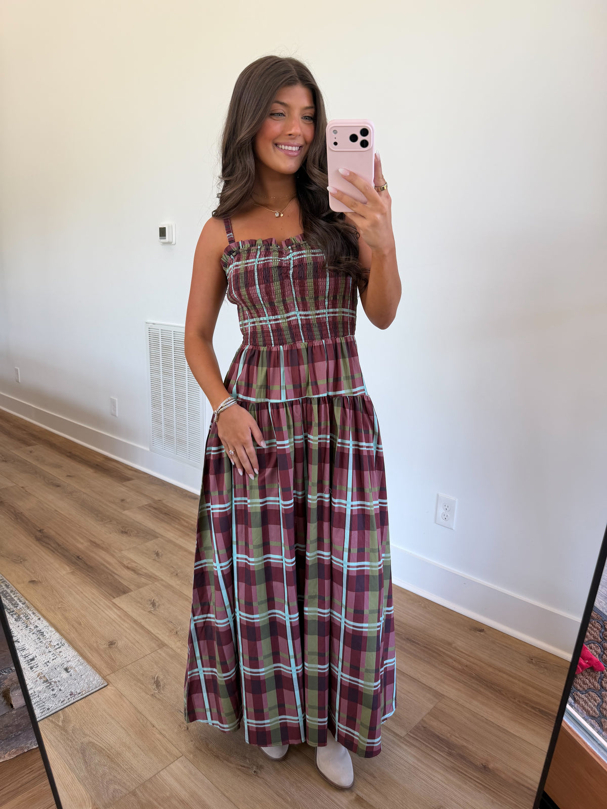 Burgundy Plaid Smocked Maxi Dress