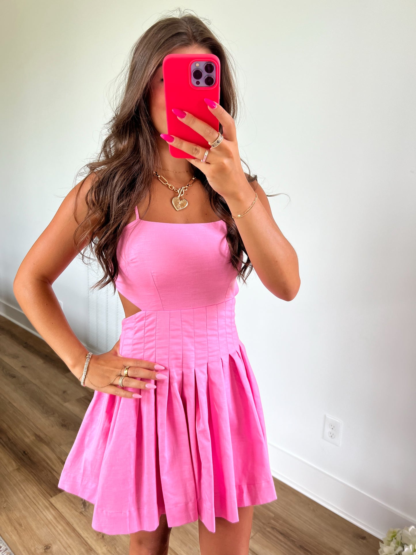 Hot Pink Pleated Waist Mini Dress