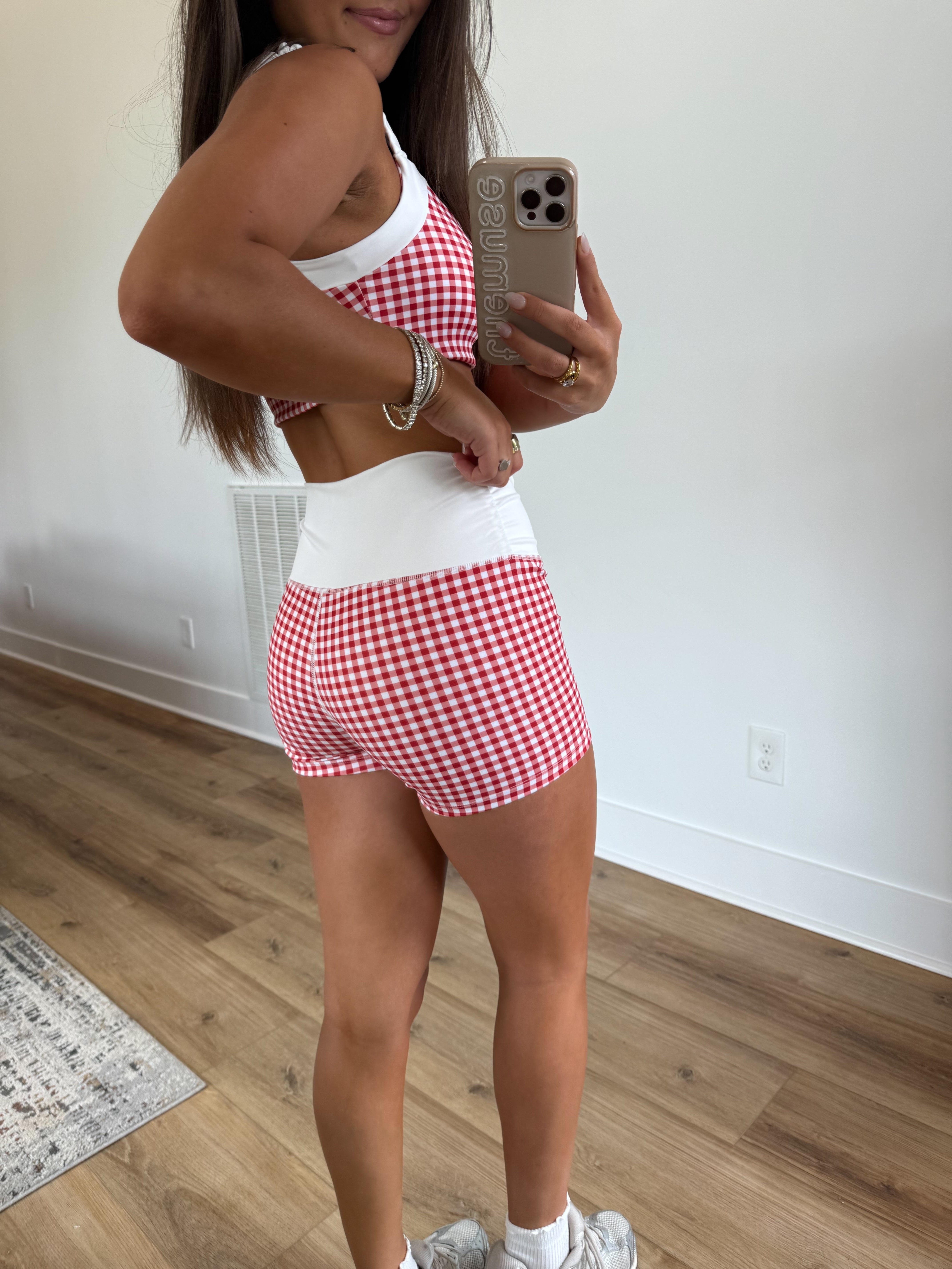 Red Gingham Ruched Biker SHORTS