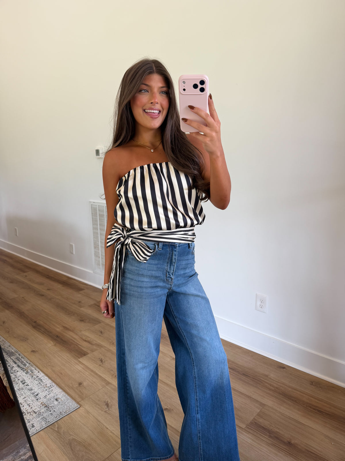 Satin Stripe Side Tie Top (Black)