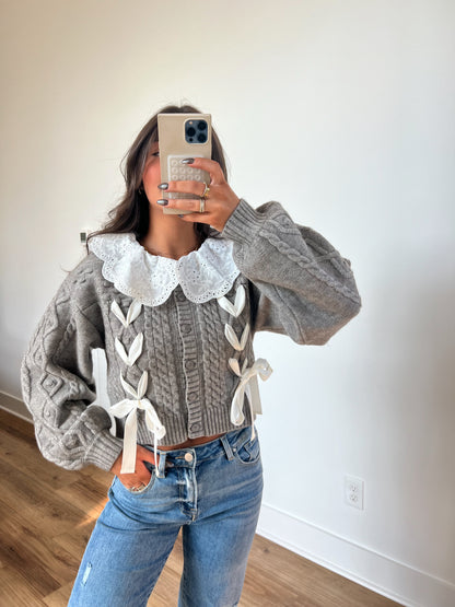 (Grey)Collar Cable Knit Sweater (Restock)