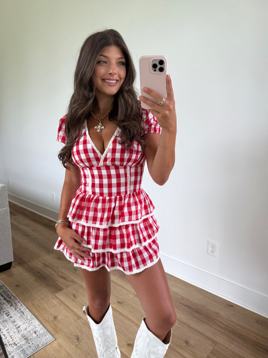Red Gingham Ruffle Romper