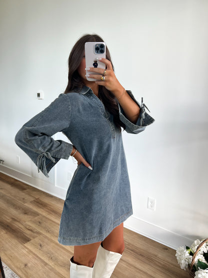 Denim Bow Sleeve Proper Dress (Restock)