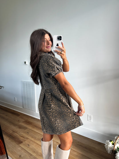 Cheetah Bubble Sleeve Button Up Dress