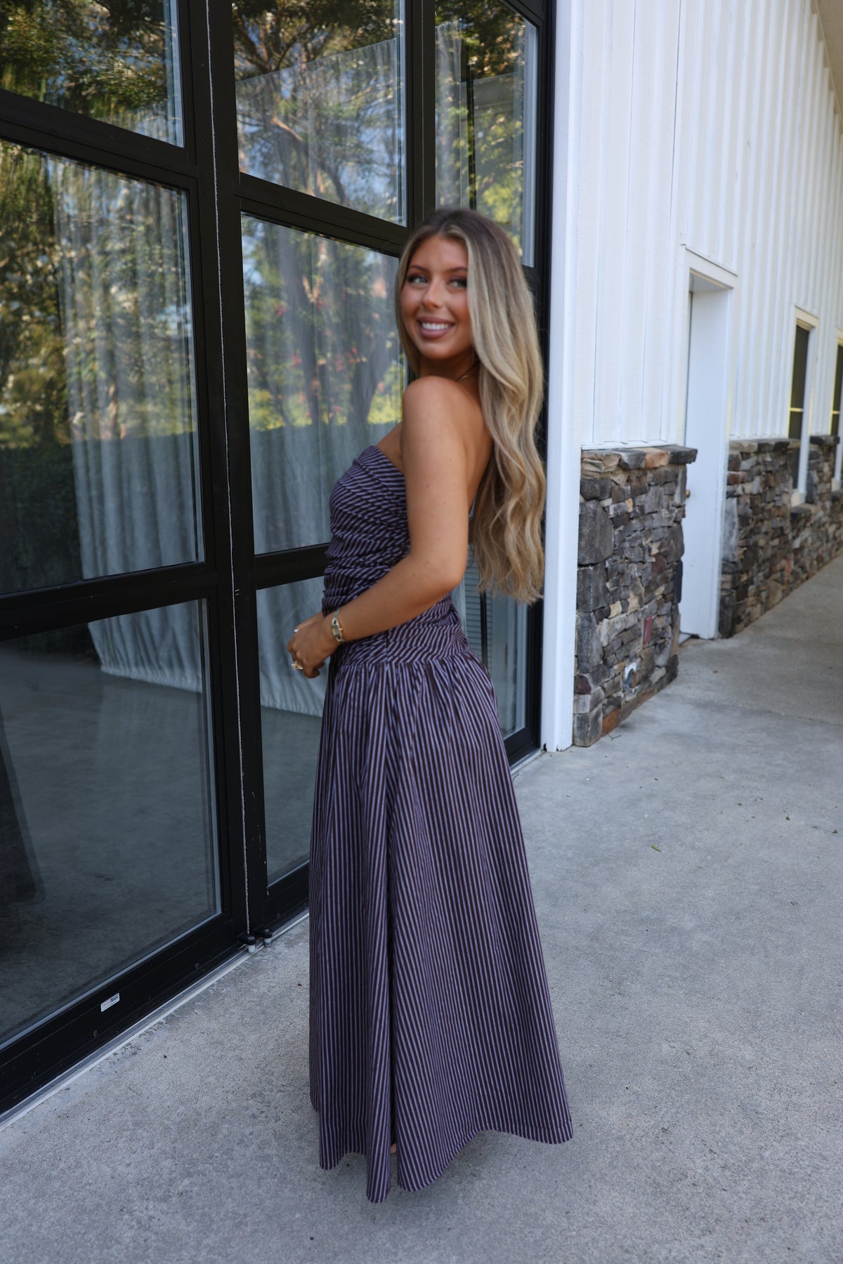 The Vermont Strapless Dress (Brown Stripes)