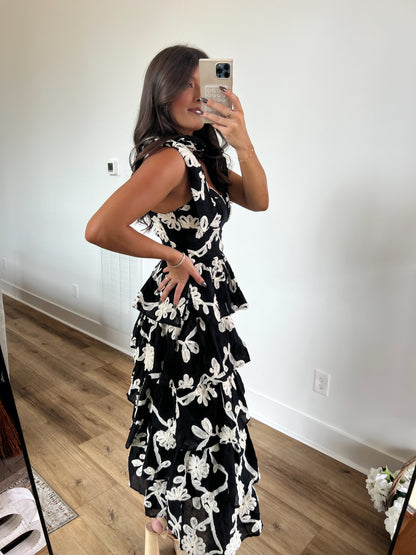 Floral Embroidered Tiered Midi Dress