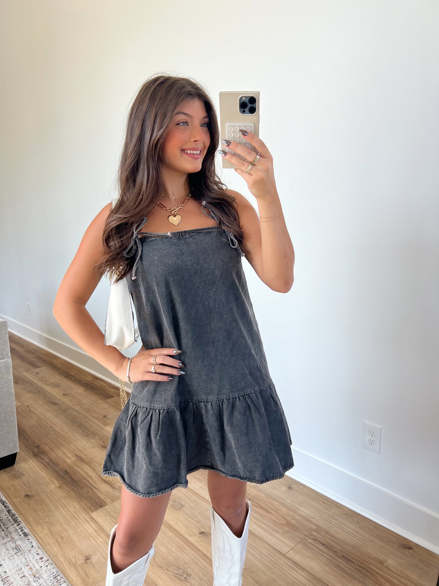 Tiered Mini Denim Dress (Black)