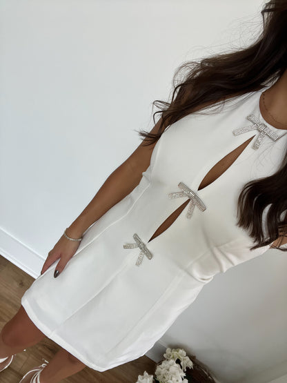 White Bow Detail Halter Neck Mini Dress