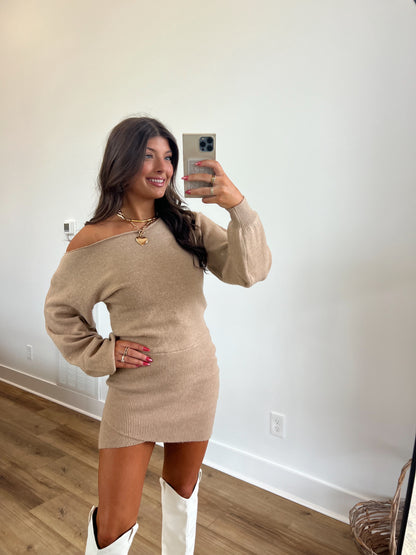 Tan Boat Neck Sweater Dress