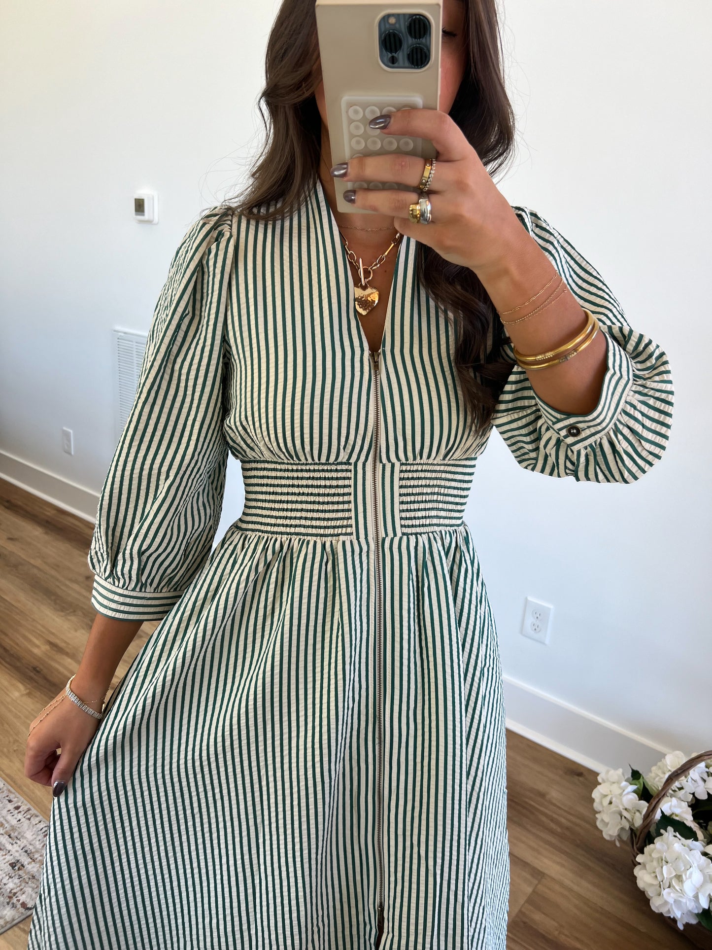 Green Stripe Fitted Waist Midi Dress