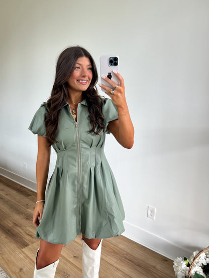 Sage Leather Puff Sleeve Dress