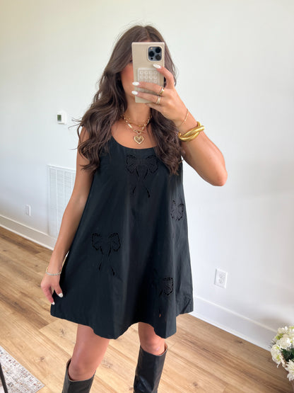 Black Bow Embroidered Mini Dress