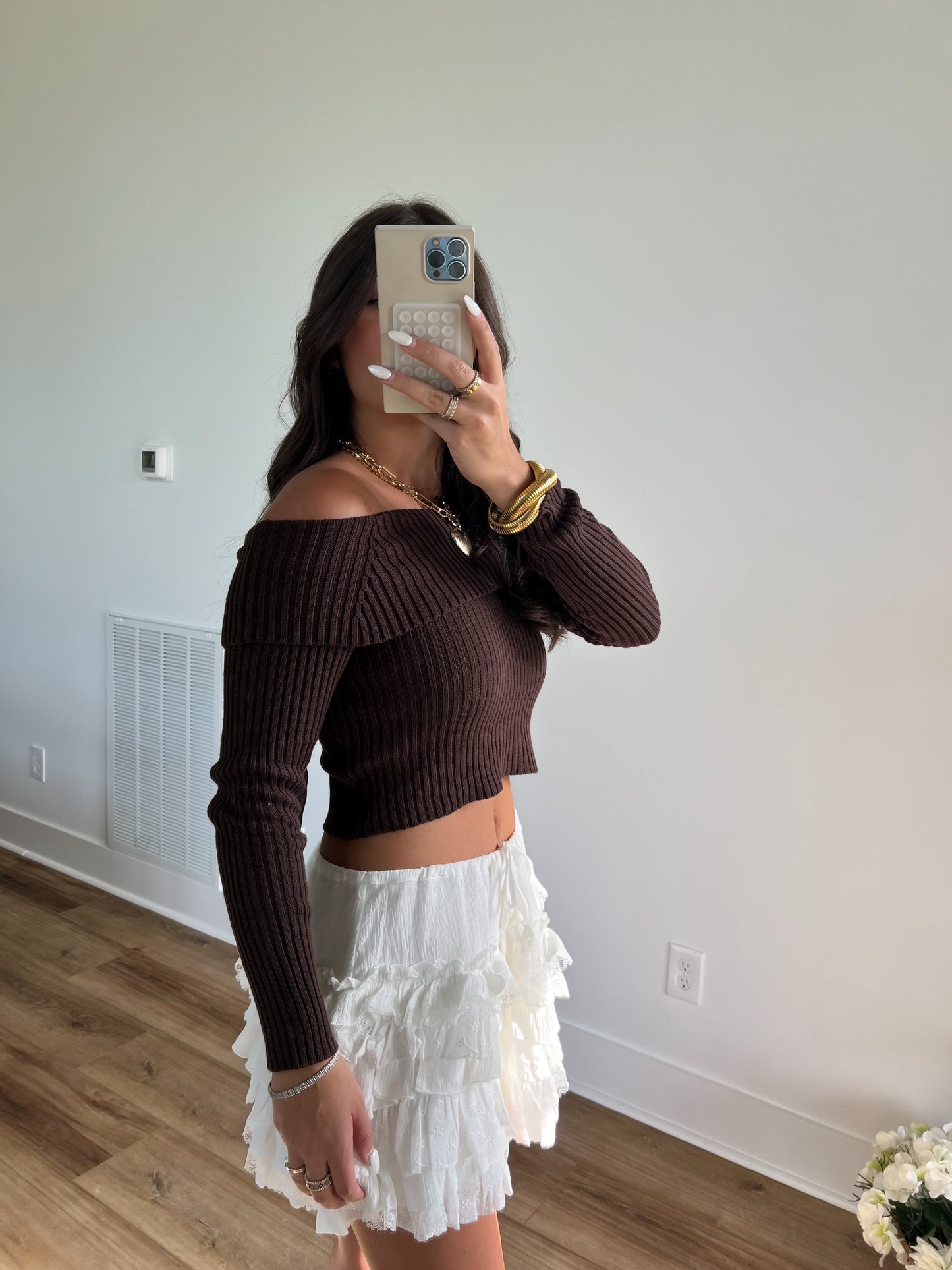 (Brown) Off The Shoulder Ribbed Bow Top