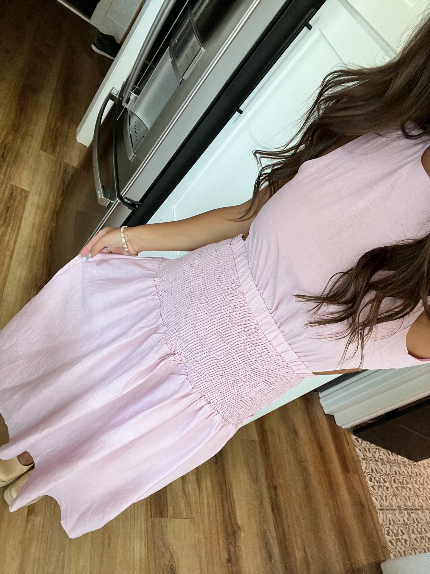 Pink Smocked Open Back Dress