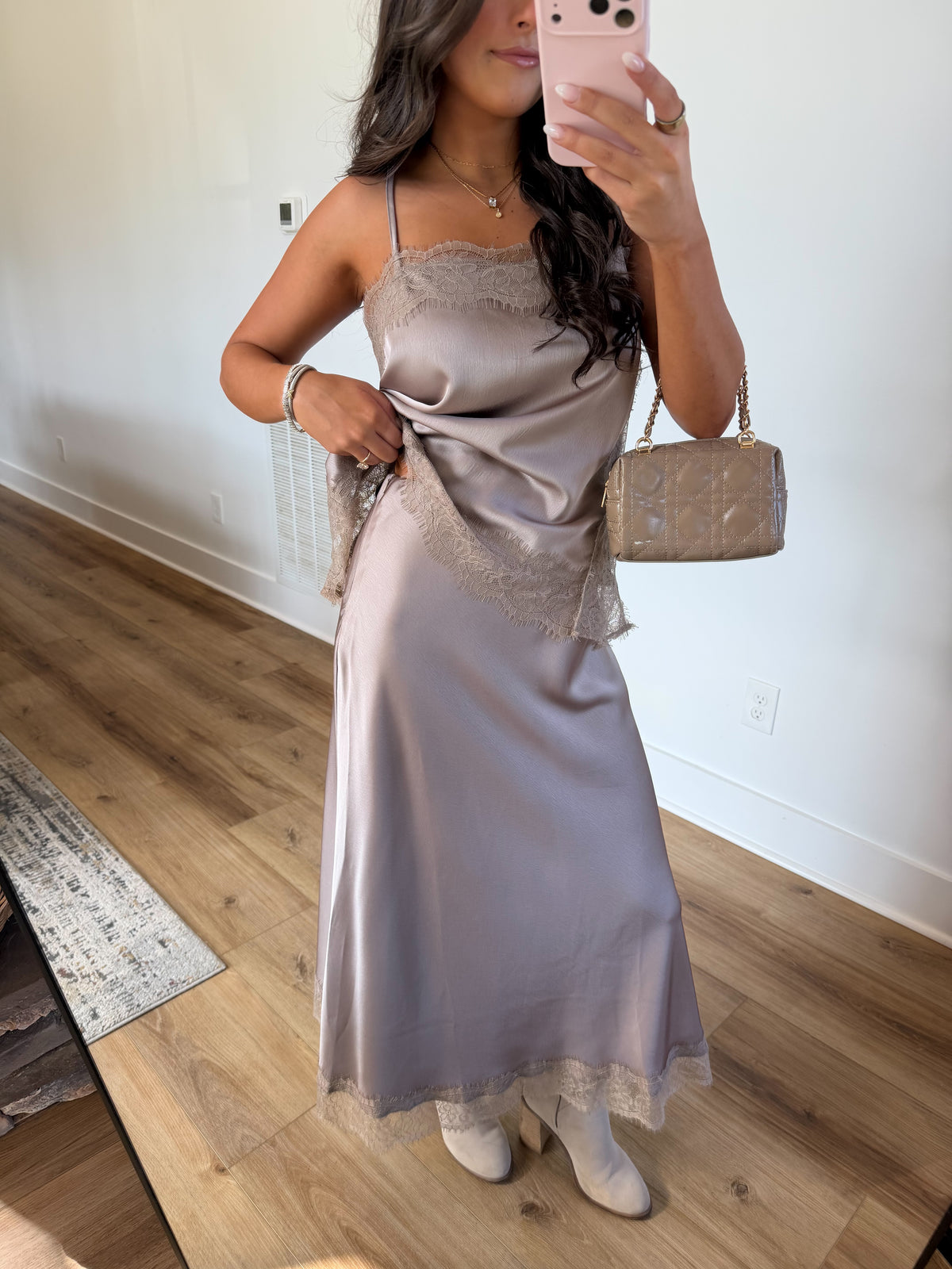 Taupe Satin Lace Trim Set