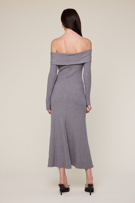 Grey Off-The-Shoulder Ribbed Maxi Dress