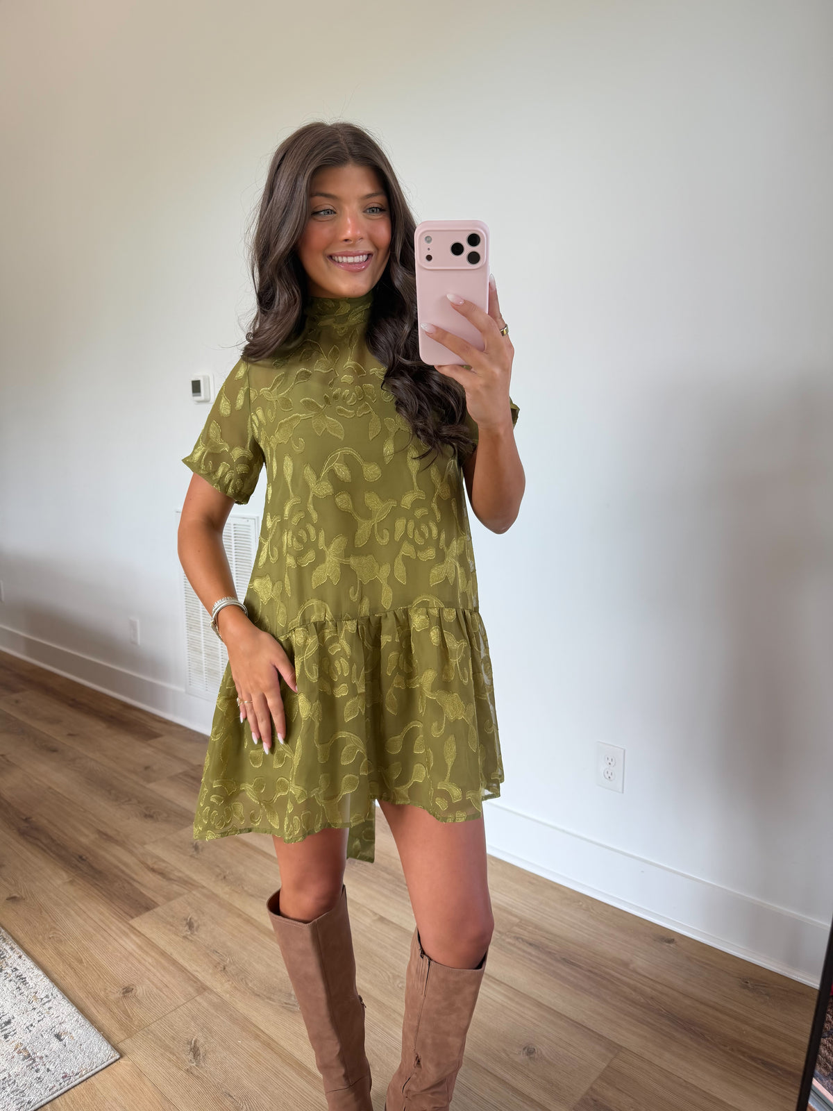 Olive Floral Jacquard Mini Dress